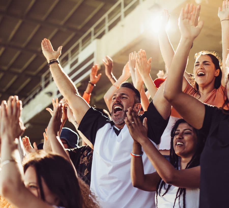 Fans cheering with their hands raised in a sunlit stadium during a live event.