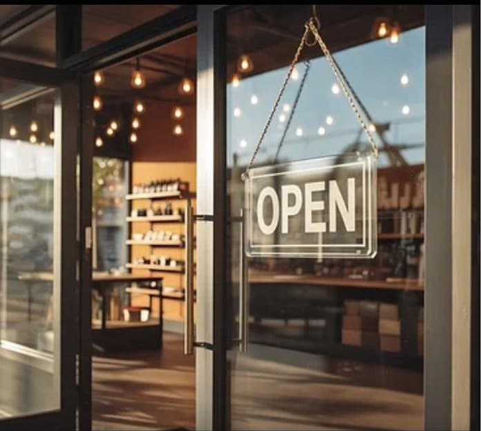 An independent shopfront at dusk with an illuminated open sign in the window.