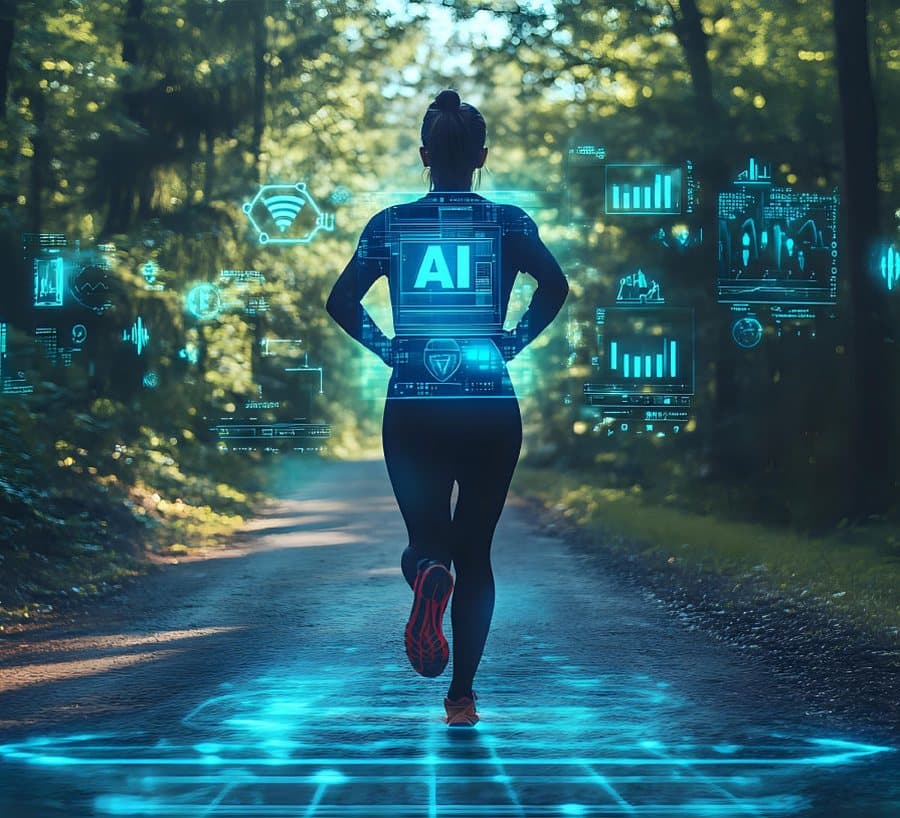 A runner on a forest trail surrounded by floating AI data panels and a glowing grid at her feet.