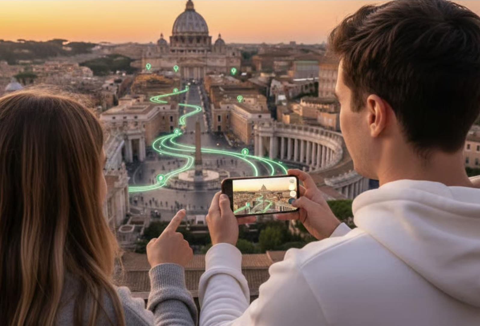 Two travellers overlooking a European skyline at sunset, following a glowing augmented reality trail on a phone.