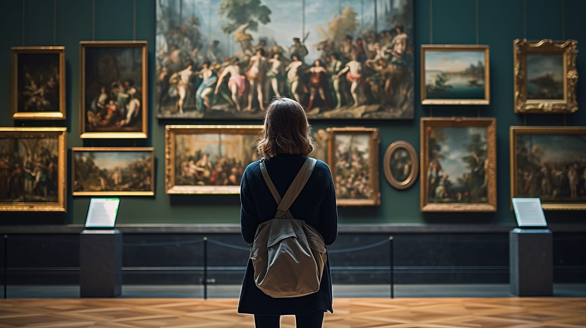 A visitor exploring a museum gallery on a TripQuest destination quest