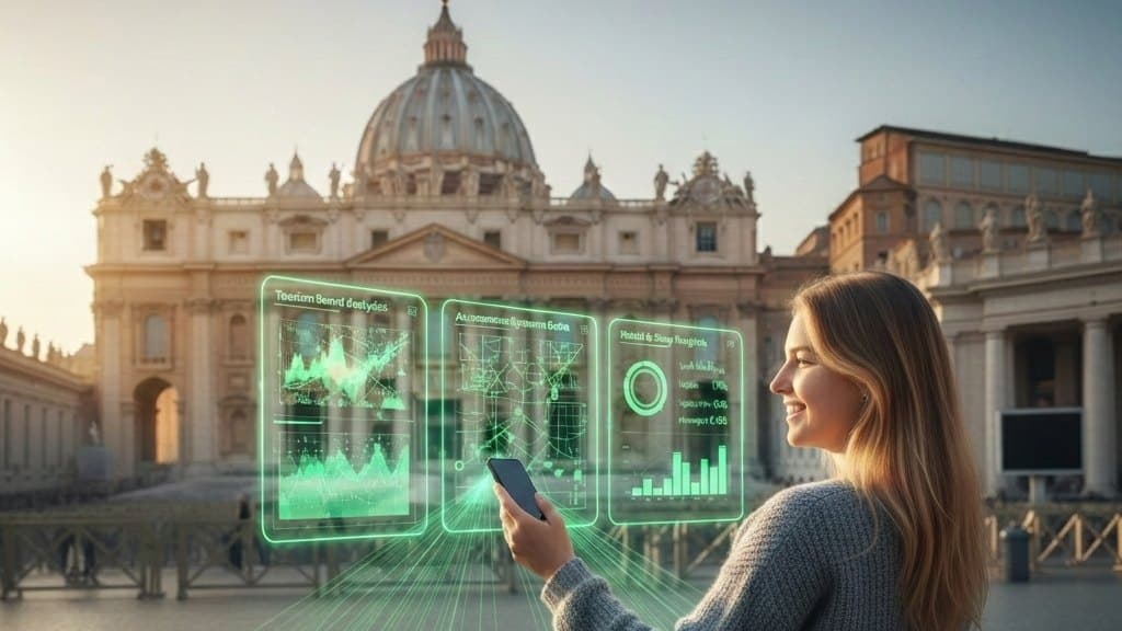 Visitor in a historic square viewing augmented reality destination insights on her phone